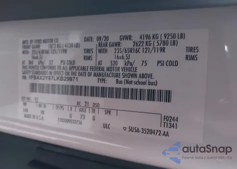 2020 Ford Transit-350 Passenger Van Xl from USA, damaged, VIN 1FBAX2Y87LKB29971